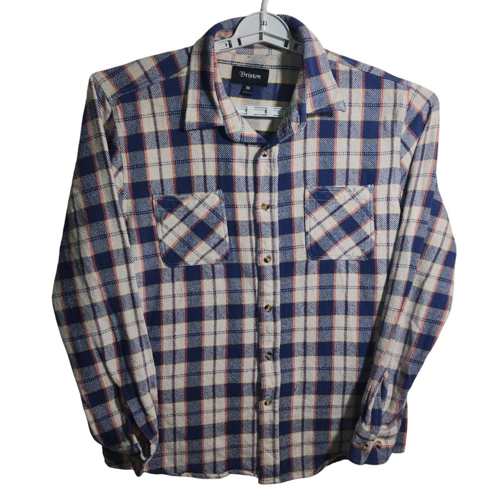 Brixton Mens Plaid Flannel Shirt Blue Cream Orange Long Sleeve Button Up Medium
